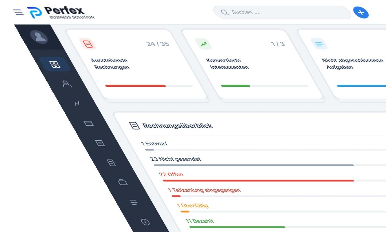 Perfex CRM Dashboard mit Rechnungsübersicht und offenen Aufgaben