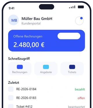 Kundenportal von Perfex CRM auf dem Smartphone mit offenen Rechnungen und Tickets
